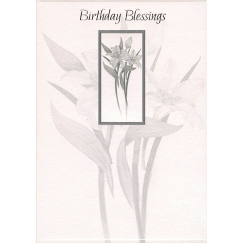 Pair of White Flowers Inside Silver Foil Rectangle Religious Birthday Card: Birthday Blessings