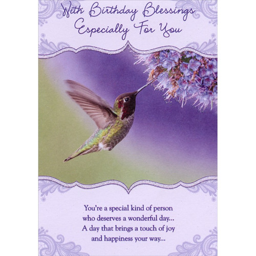 Hummingbird on Purple: Touch of Joy Religious : Inspirational Birthday Card: With Birthday Blessings Especially For You - You're a special kind of person who deserves a wonderful day… A day that brings a touch of joy and happiness your way…