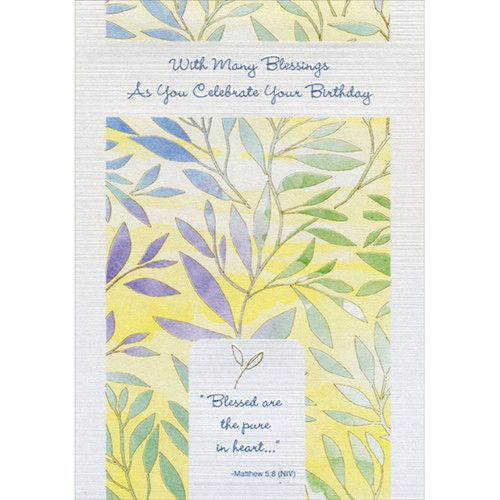 With Many Blessings: Blue, Purple, Green Leaves on Yellow Religious Birthday Card: With Many Blessings As You Celebrate Your Birthday - “Blessed are the pure in heart…” - Matthew 5:8 (NIV)