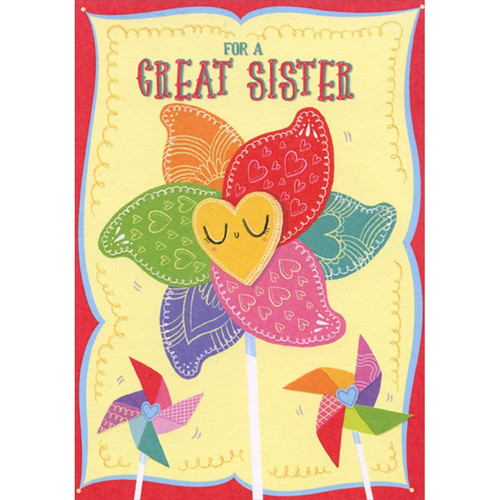 Pinwheel with Heart at Center Juvenile Birthday Card for Sister: For A Great Sister