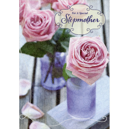 Large Pink Flower in Purple Vase Birthday Card for Stepmother: For A Special Stepmother