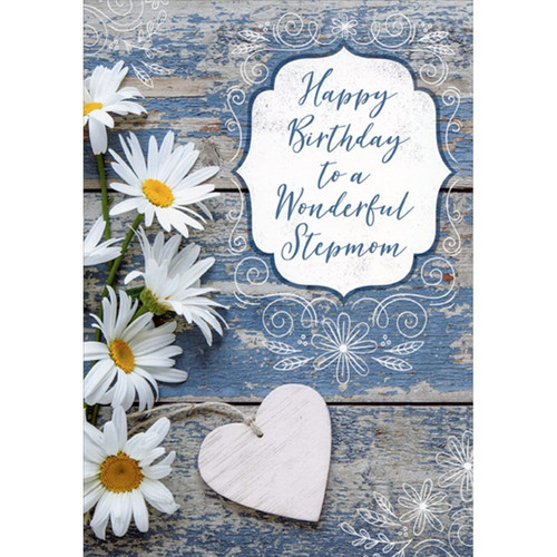 5 Daisies and Wooden Heart Birthday Card for Stepmom: Happy Birthday to a Wonderful Stepmom