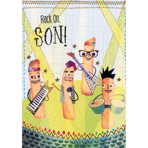 Rock Band French Fries Juvenile Tri Fold Birthday Card for Son with Sticker Sheet: Rock On, Son!