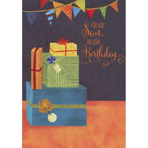 Stack of Gifts and Hanging Party Flags Birthday Card for Son: For You, Son, On Your Birthday