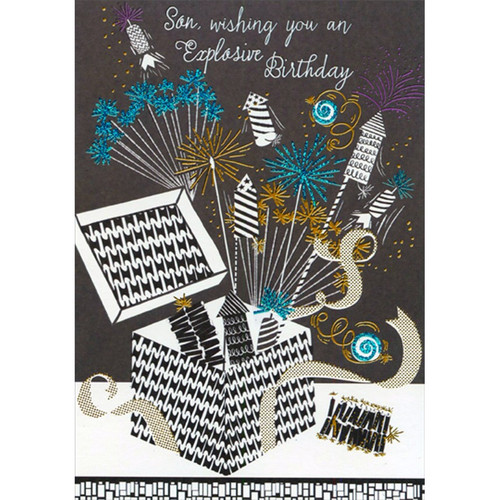 Black and White Gift Box and Fireworks Birthday Card for Son: Son, wishing you an Explosive Birthday