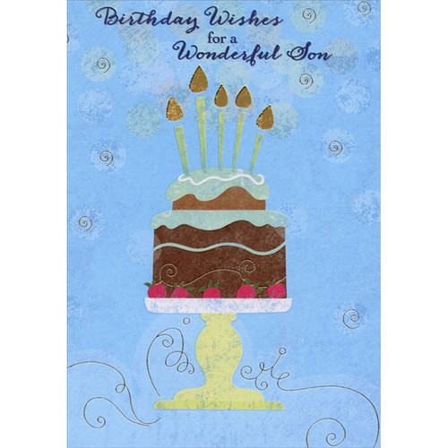 Chocolate Cake on Yellow Based Dessert Stand Birthday Card for Son: Birthday Wishes for a Wonderful Son