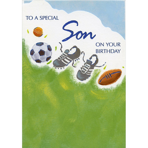 Soccer Ball, Cleats, Football and Baseball Birthday Card for Teen / Teenage Son: To A Special Son On Your Birthday