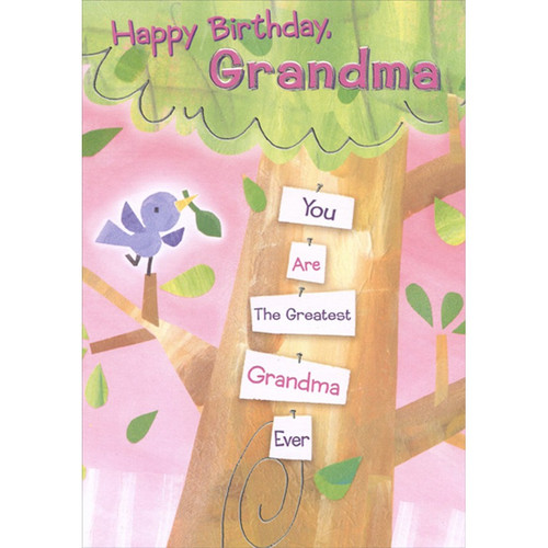 Purple Bird Holding Single Leave on Vertical Branch Juvenile Grandma Birthday Card from Kids : Child : Children / Children: Happy Birthday, Grandma - You Are The Greatest Grandma Ever