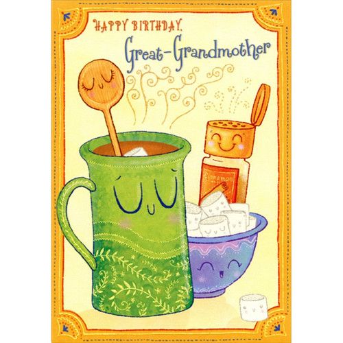 Wooden Spoon in Green Mug, Marshmallows, Cinnamon Juvenile Birthday Card for Great-Grandmother from Kid / Child: Happy Birthday, Great-Grandmother