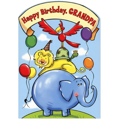 Bird Standing on Turtle, Lion and Elephant Juvenile Birthday Card for Grandpa from Kids : Child : Children / Children: Happy Birthday, Grandpa
