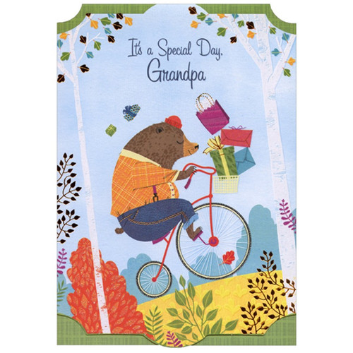 Bear Riding Bicycle Up a Hill Die Cut Top Fold Birthday Card for Grandpa: It's a Special Day, Grandpa