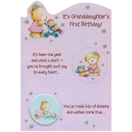 Bear and Doll: Stroller, Necklace and Bedtime Die Cut Juvenile 1st / First Birthday Card for Granddaughter: It's Granddaughter's First Birthday! It's been one year and what a start - you've brought such joy to every heart… You've made lots of dreams and wishes come true…