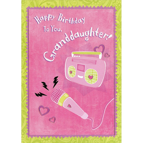 Music Player and Microphone on Pink Juvenile Birthday Card for Granddaughter: Happy Birthday To You, Granddaughter!