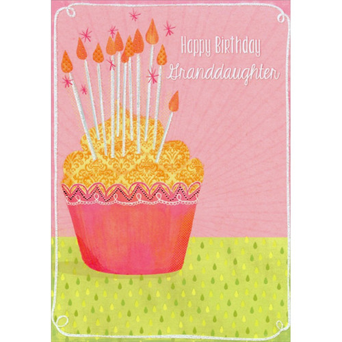 Cupcake with Tall Sparkling Glitter Candles Birthday Card for Teen / Teenager Granddaughter: Happy Birthday Granddaughter