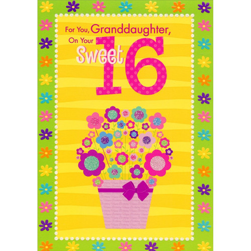 Small Colorful Flowers in Pink Pot with Pink Bow Sweet 16 Birthday Card for Granddaughter: For You, Granddaughter, On Your Sweet 16