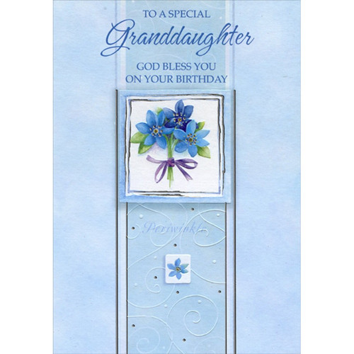 3 Blue Flowers with Purple Bow Inside Blue Frame Religious Birthday Card for Granddaughter: To A Special Granddaughter - God Bless You On Your Birthday