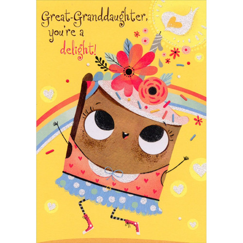 Slice of Cake with Big Eyes and Red Sneakers Juvenile Birthday Card for Great-Granddaughter: Great-Granddaughter, you're a delight!