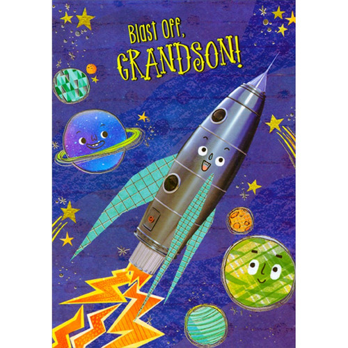 Rocket Ship and Planets Juvenile Birthday Card with Word Search and Maze for Grandson: Blast Off, Grandson!