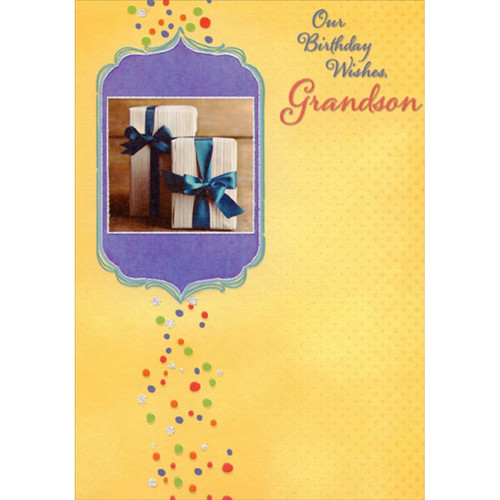 Two Presents in Purple Frame on Yellow Birthday Card for Our Grandson: Our Birthday Wishes, Grandson