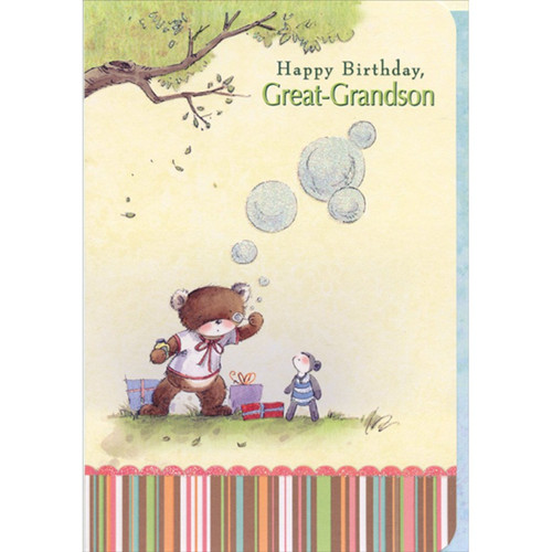 Bear Blowing Bubbles Die Cut Juvenile Birthday Card for Young Great-Grandson: Happy Birthday, Great-Grandson