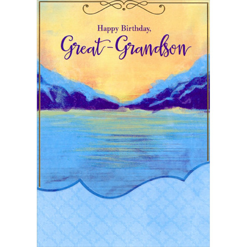 Bright and Dark Blue Mountains : Lake with Orange Sky Great-Grandson Birthday Card: Happy Birthday, Great-Grandson