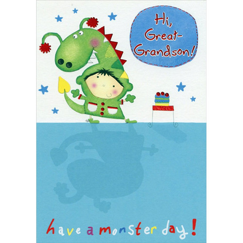 Boy Dressed as Green Dragon Juvenile Birthday Card for Young Great-Grandson: Hi, Great-Grandson! have a monster day!