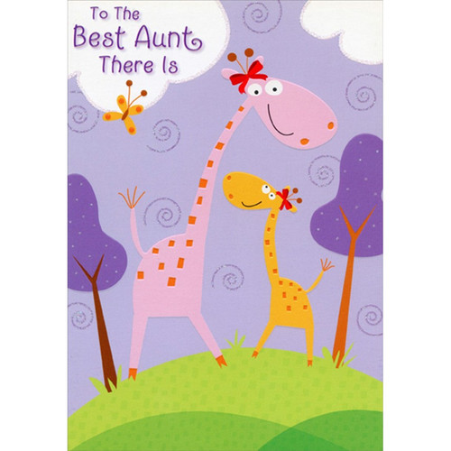 Pink and Orange Giraffes with Red Bows Juvenile : Kids Birthday Card for Aunt: To The Best Aunt There Is