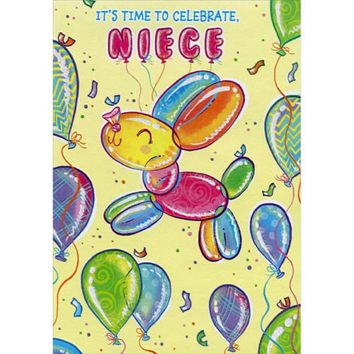 Multi-Colored Balloon Animal Rabbit Juvenile Birthday Card for Young Niece: It's time to celebrate, Niece