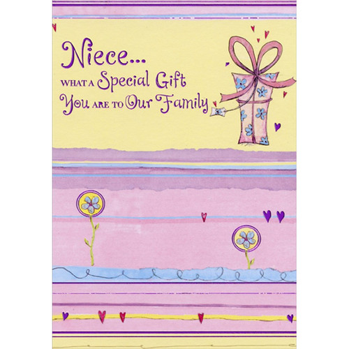 What a Special Gift: Pink Foil Hearts Niece Birthday Card: Niece… What A Special Gift You Are To Our Family