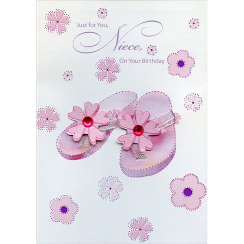 Pink Flip Flops with Die Cut Tip on Flower, Pink Gems, Ribbons Hand Decorated Designer Boutique Keepsake Niece Birthday Card: Just for You, Niece, On Your Birthday