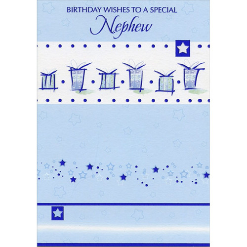 Row of 6 Blue Foil Outlined Presents and Blue Stars Nephew Birthday Card: Birthday Wishes To A Special Nephew