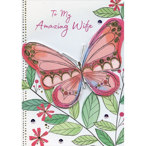 Large Pink Die Cut 3D Tip On Butterfly, Purple Sequins Hand Decorated Keepsake Birthday Card for Wife: To My Amazing Wife