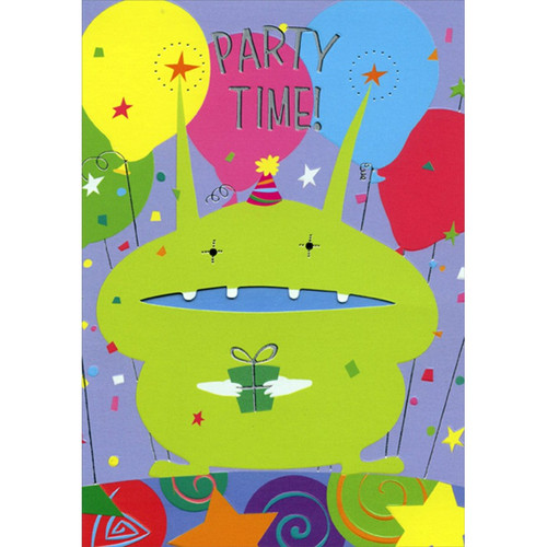 Green Alien with Die Cut Window Mouth Juvenile Birthday Card for Young Child : Kid: Party Time!