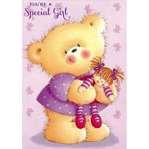 Bear with Purple Shirt Holding Doll Juvenile : Kids Birthday Card for Young Girl: You're A Special Girl