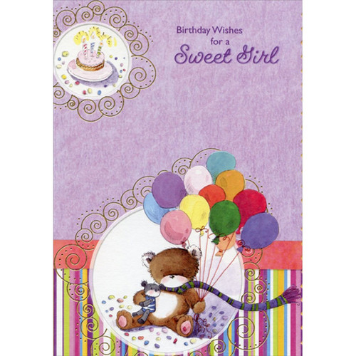 Sitting Bear Holding Balloons and Small Teddy Bear Die Cut Juvenile : Kids Birthday Card for Young Girl: Birthday Wishes for a Sweet Girl