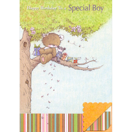 Bear on Tree Limb with Teddy Bear and Gifts Die Cut Juvenile : Kids Birthday Card for Young Boy: Happy Birthday To a Special Boy