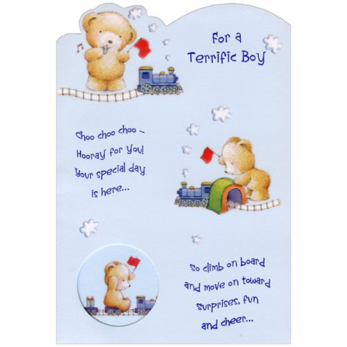 Bear with Red Flag Playing with Trains Die Cut Window Juvenile : Kids Birthday Card for Young Boy: For a Terrific Boy - Choo choo choo - Hooray for You! Your special day is here… so climb on board and move on toward surprises, fun and cheer…