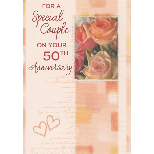 Light Pink Roses Inside Thin Glitter Frame and Two Small Hearts 50th : Fiftieth Wedding Anniversary Congratulations Card for Couple: For a Special Couple on Your 50th Anniversary