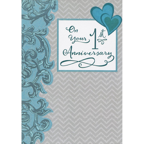 Blue Hearts and Vines Over Gray Zig Zag Background 1st : First Wedding Anniversary Congratulations Card for Couple: On Your 1st Anniversary