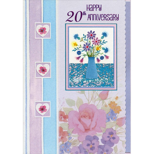 Colorful Wildflowers in Blue Vase and 3 Hearts Scalloped Edge Short Fold 20th : Twentieth Wedding Anniversary Congratulations Card for Couple: Happy 20th Anniversary