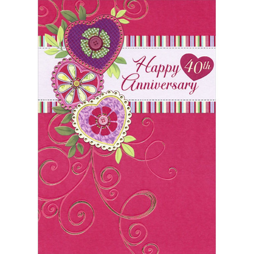 Three Embossed Heart Shaped Flowers with Buttons 40th : Fortieth Wedding Anniversary Congratulations Card for Couple: Happy 40th Anniversary