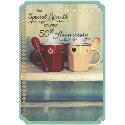 Red and Cream Coffee Cups with Spoons Die Cut 50th : Fiftieth Wedding Anniversary Congratulations Card for Parents: For Special Parents on your 50th Anniversary