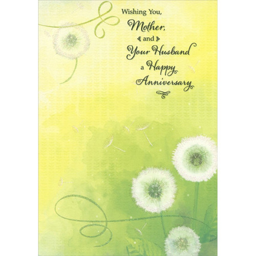 Dandelions on Light Yellow and Green Wedding Anniversary Congratulations Card for Mother and Husband: Wishing You, Mother, and Your Husband a Happy Anniversary