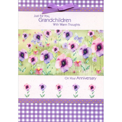 Pink and Purple Flowers, Purple Checkerboard and Purple Bow Hand Decorated Wedding Anniversary Congratulations Card for Grandchildren: Just for You, Grandchildren With Warm Thoughts On Your Anniversary