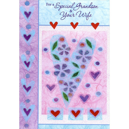Tall Blue Heart on Pink with Blue and Purple Heart Left Border Wedding Anniversary Congratulations Card for Grandson and Wife: For a Special Grandson & Your Wife