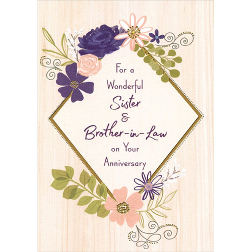 Gold Foil Diamond Shaped Frame, Purple and Pink Flowers Wedding Anniversary Congratulations Card for Sister and Brother-in-Law: For a Wonderful Sister & Brother-in-Law on Your Anniversary