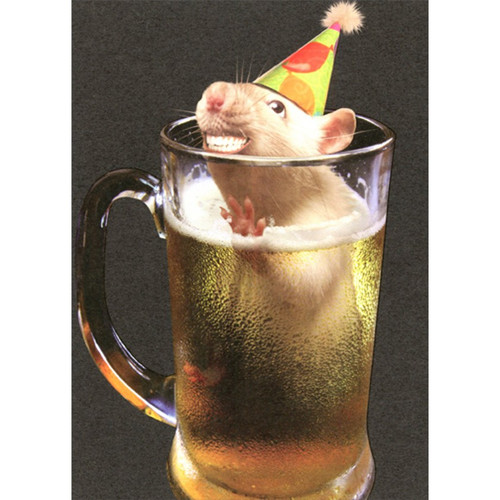 Smiling Party Mouse in Beer Mug Funny / Humorous Birthday Card