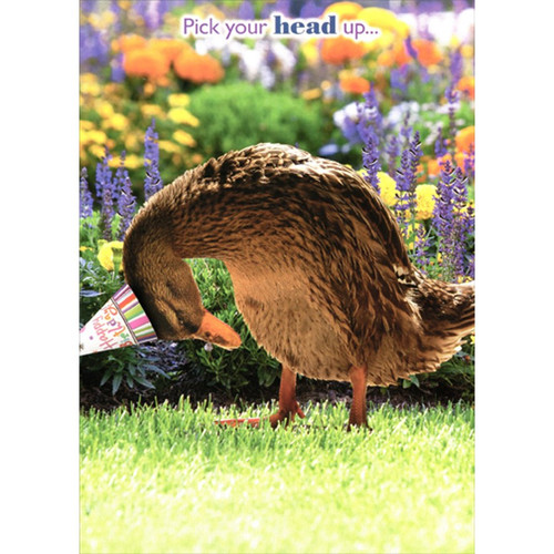 Duck Bowing Head Wearing Party Hat Funny / Humorous Birthday Card: Pick your head up...