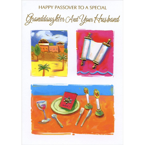 City, Scroll and Table Setting : Granddaughter and Husband Passover Card: Happy Passover to a Special Granddaughter and your Husband