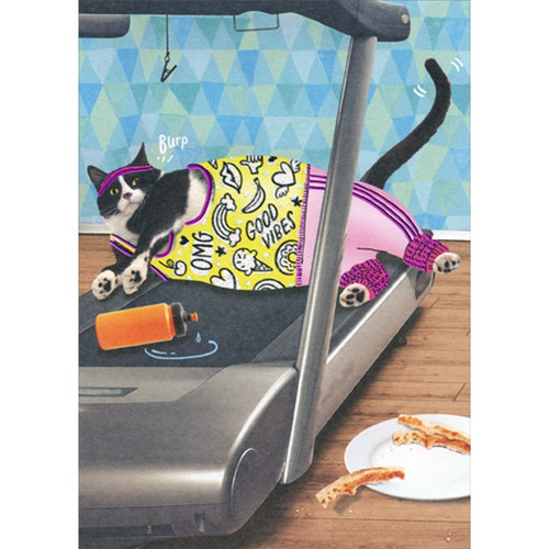 Cat in Exercise Clothes Lying on Treadmill Funny / Humorous Birthday Card: burp